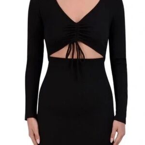 BCBG Paris Women's Black Rib Knit Cutout Dress Long Sleeve Ruched Size Large NWT